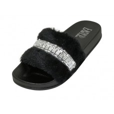 S9889L-BB - Wholesale Women's "EasyUSA" Faux Fur Upper With Rhinestone Top Slide Sandals ( *Black Only)